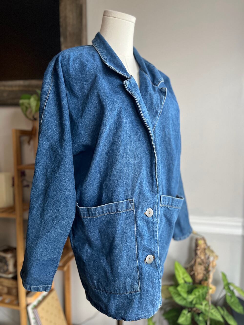 Vintage 90s Denim Collared Chore Jacket Size Large Utility Workwear
